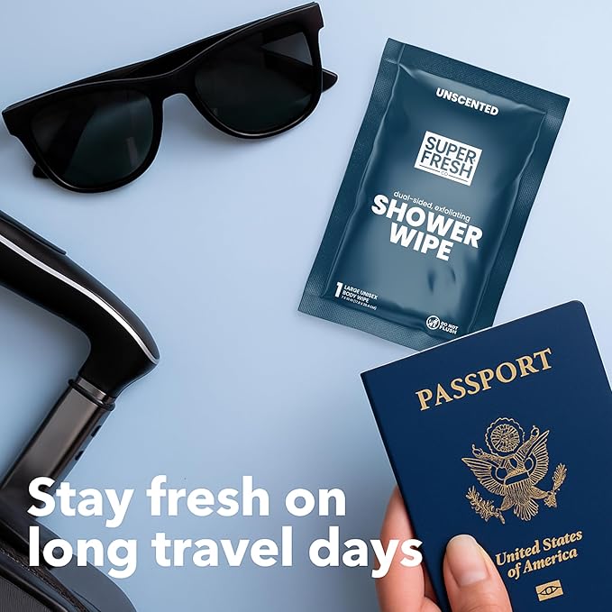 Super Fresh Shower Wipes Large Unscented Body Wipes for No Rinse Bathing Personal Hygiene Gym Travel Camping Enriched with Aloe and Vitamin E 10 Individually Wrapped Disposable Sheets