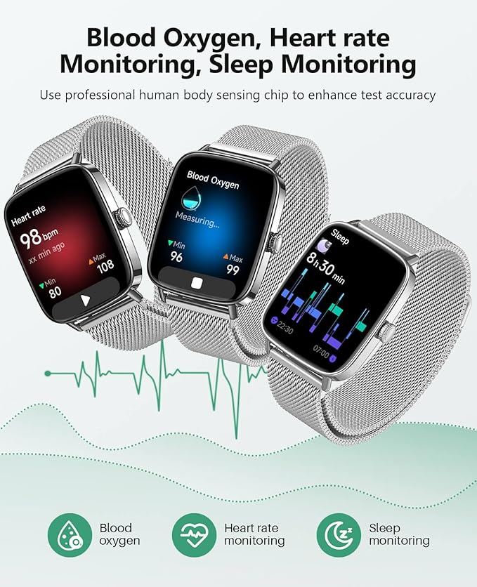 2025 Smart Watches for Women Men, 1.85" AI Voice Smartwatch, 24/7 Heart Rate Monitor, Stress/SpO2/Sleep Tracker, IP68 Waterproof, Weather, 100+ Sports Fitness Tracker for Android iOS Silver Metal