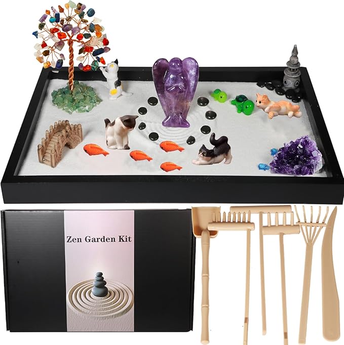 Zen Garden for Desk, with Crystals and Healing Stones & Cat Figurines, Miniature Meditation Sand Garden Stress Relief Desk Decor, Tools for Relaxation and Mindfulness
