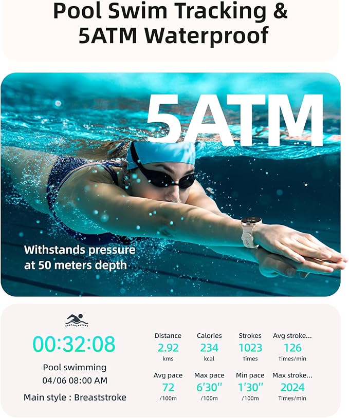 Parsonver Swimming Smart Watch, 5ATM Waterproof for Pool & Open Water, Built-in GPS & Compass, AMOLED Fitness Tracker with 100+ Sports Modes, Heart Rate & Sleep Monitor, AI Swim Analysis, French Grey