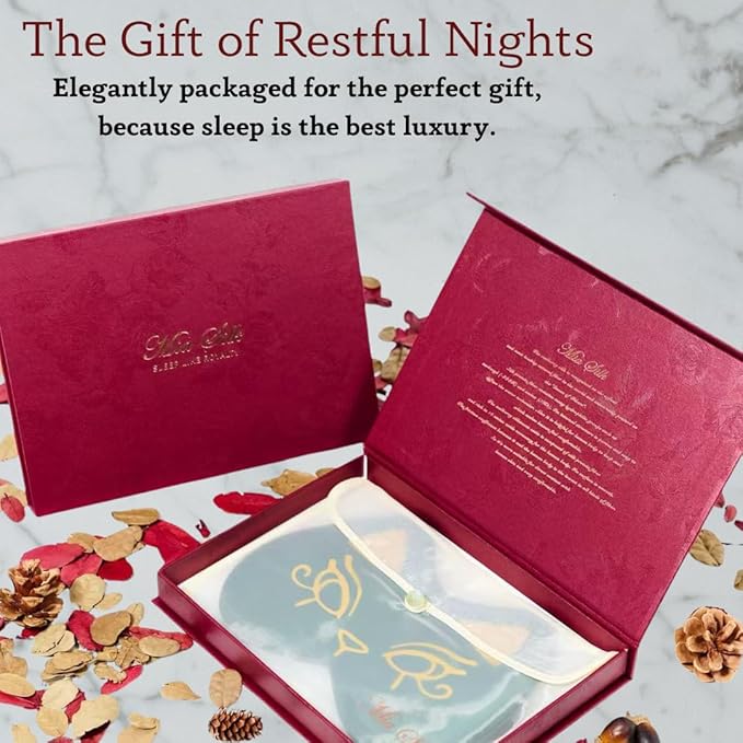 Silk Sleep Mask Blindfold Eye Mask for Sleep Cute Cat Print Embroidered Eye Cover Adjustable Oversized Egyptian Bastet with Gift Box&Pouch(Osiris Green-Adjustable Strap)