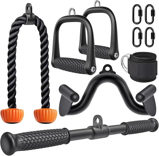 SELEWARE Triceps LAT Pulldown Attachments Home Gym Workout Accessories with Non-Slip Soft Rubber Grip Cable Machine Attachments Triceps Rope Double D Row Handle Pull Down Bar Straight Bar Exercise