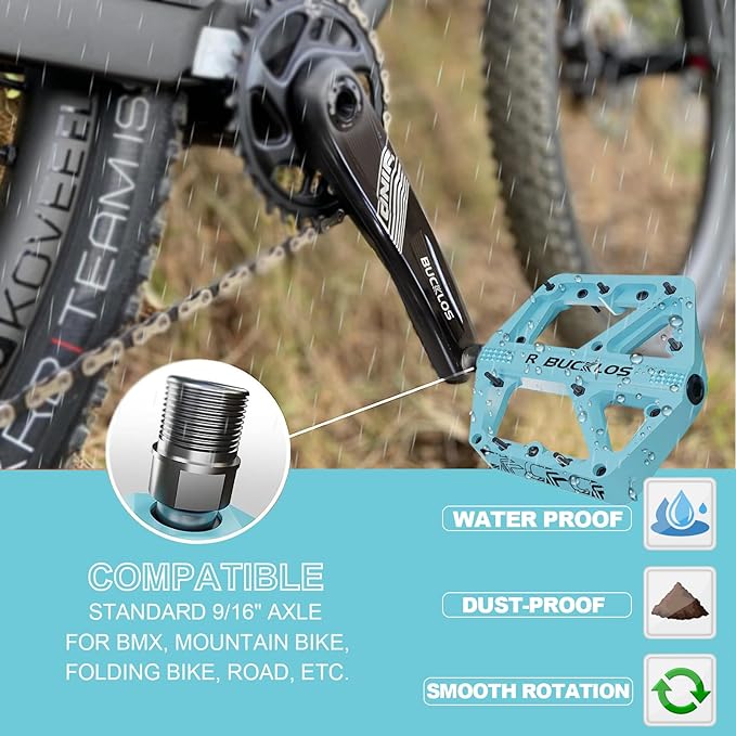 BUCKLOS Mountain Bike Pedals MTB Pedals Flat, Adult Bicycle Road Bike Large Platform Nylon Non-Slip Pedal for Gravel Bike/Hybrid Bike 9/16"