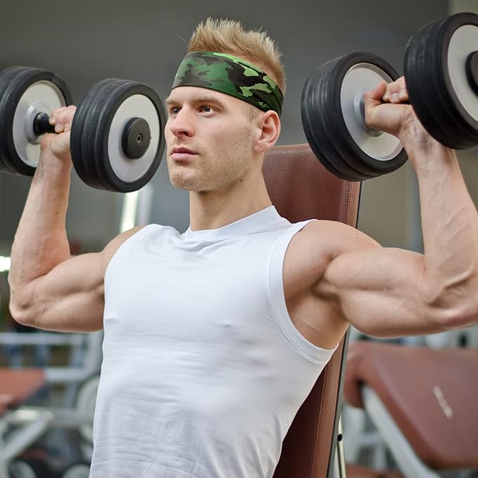 9 pcs Sweatbands for Men Workout Sport Headbands for Men Camo Headband Sweat Absorbing Headband Wide Sweatband for Head Basketball Football Cycling Running Yoga, 4.7 x 9.8 Inch