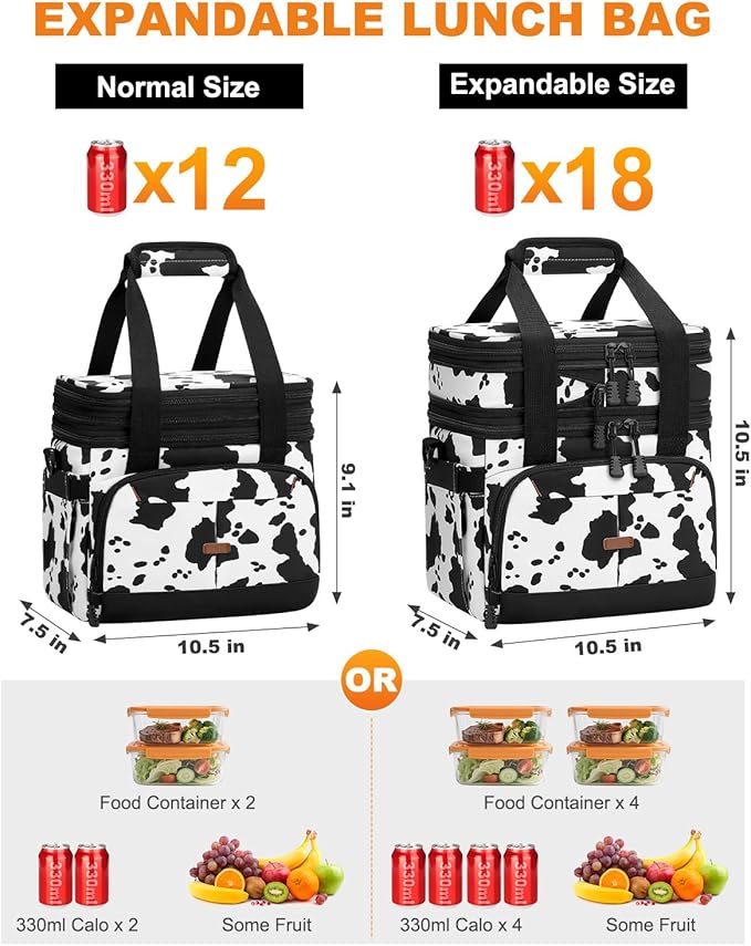 Lunch Box For Men Women Double Deck Insulated Lunch Bag For Men Woman Leakproof Expandable Cooler Bag with Adjustable Shoulder Strap for Work Picnic School(Cow Print,Medium)