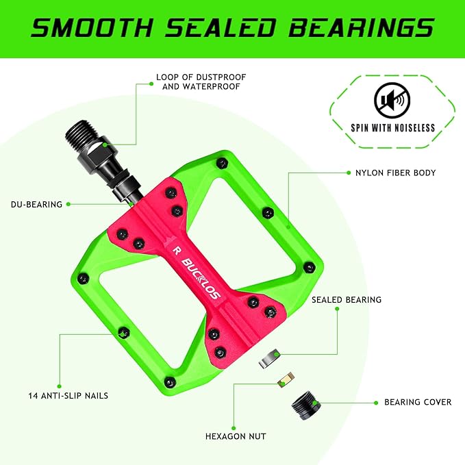 BUCKLOS MTB Flat Pedals Mountain Bike Pedals, 3 Bearings CNC Adult Road Bike Pedals, Bicycle Platform Aluminum Alloy Non-Slip Pedal for Gravel Bike/BMX 9/16"(Black)