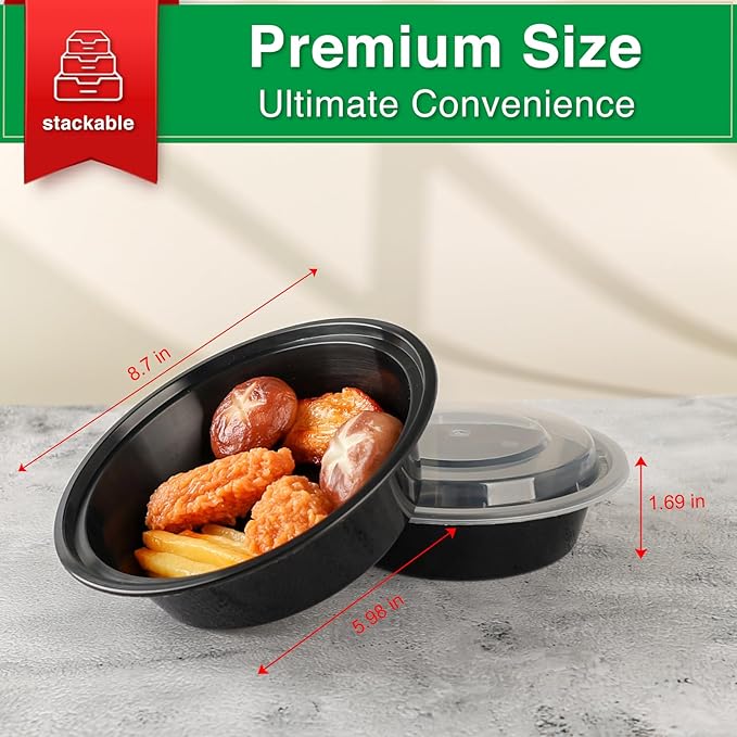 Meal Prep Containers Reusable 50 Pack-27 oz Food Storage Containers with Lids To Go Food Containers Takeout, Microwave Dishwasher Freezer Safe, Stackable, BPA Free, Plastic(Black)