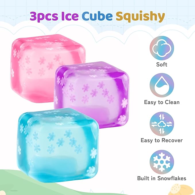 Jongdari Ice Cube Squishy Stress Cubes Balls Fidget Toys with Snowflakes Inside, Slow Rise Anxiety Relief Sensory Squeeze Toy Birthday Gifts Party Favors for Kids & Adults - 3pcs, Medium Size