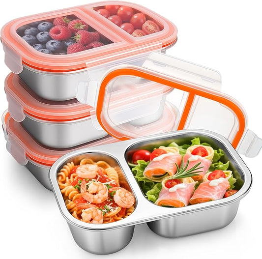 Palksky Lunch Containers Meal Prep Containers Stainless Steel, 2 Compartment Food Storage Containers with Leak-Proof Lids, Reusable Airtight Bento lunch Boxes, Kitchen Storage, Freezer (4 Packs)