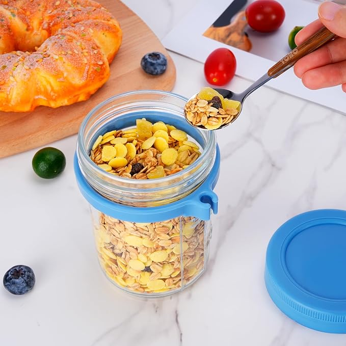 6 Pack Overnight Oats Containers with Lids, Spoons, Divided Compartments - 16 oz Glass Wide Mouth Mason jars, BPA-free, Leak Proof - Meal Prep Jars for Yogurt Parfait, Chia Pudding, Oatmeal