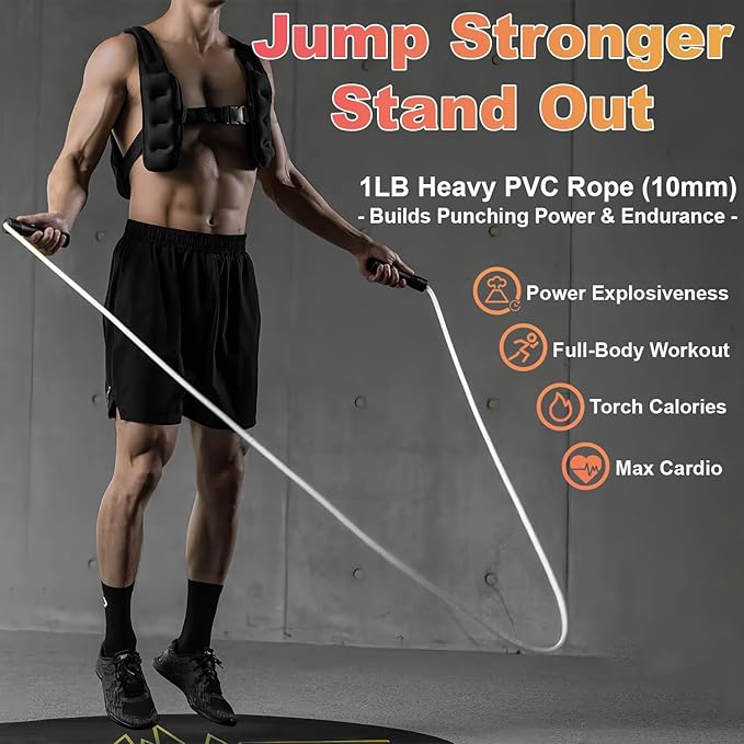 Weighted Jump Rope, 1LB Tangle-Free Ball Bearing Rapid Speed Skipping Rope for Men Women, Adjustable 9mm Cotton & PVC Rope with Alum Handle for Boxing MMA Weight-Loss Athletic Workout Fitness