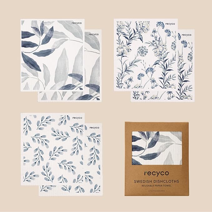 RECYCO Swedish Dishcloths for Kitchen | 6 Pack Foggy Blue Washable Dish Rags | Cellulose Reusable Cleaning Paper Towels | Absorbent Counter Dish Cloth Sponge Kitchen Wipes, 8" L x 7" W