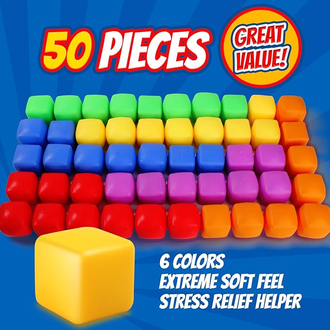 Mini 50 Pack Slow Rising Stress Cube, Dough Stress Balls Soft Fidget Squishy Toys for Anxiety Relief, Pull Stretch Fidgets for Classroom Prize, Bulk Toys Classroom Reward for Student Teacher
