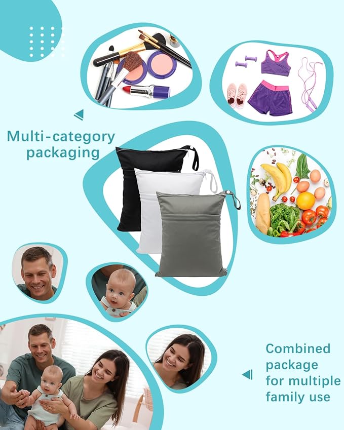 babygoal Wet Dry Bags 3 Pack, Waterproof Reusable Travel Bags for Swimsuits, Baby Cloth Diapers, Beach, Pool, Gym Bag & Wet Clothes with 2 Pockets L-BWG