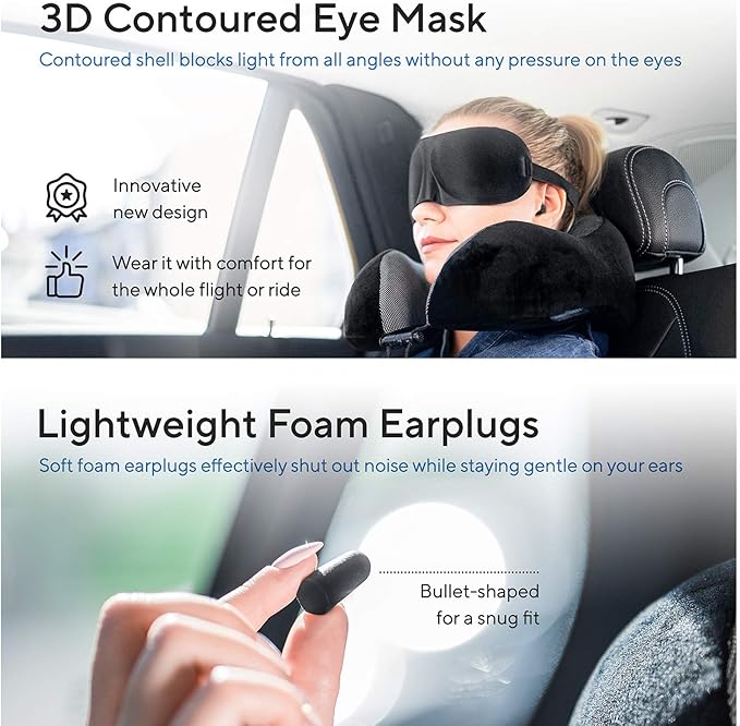Proglobe Travel Blanket Luxury Travel Set - Ergonomic Airplane Neck Pillow 100% Pure Memory Foam and Super Soft Fleece Blanket - Premium 3D Sleep Mask & Earplugs - Ultimate 4-in-1 Traveling Kit Black