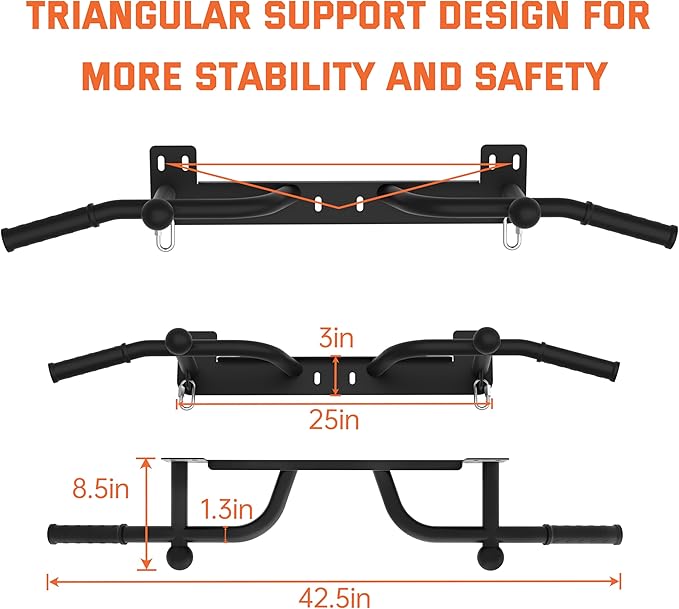 Wall Mounted Pull Up Bar - Heavy Duty Chin Up Bar, Pull-Up Bar for Garage, Joist, Wall Mount - Multifunctional Fitness Bar, Supports up to 600 Lbs