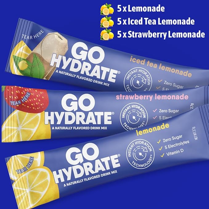 GoHydrate Instant Hydration Powder Packets - Low Sodium Electrolytes Drink Mix - Natural Hydration Support, Sugar Free Electrolyte Flavored Powder Drink with Vitamin D, 15 Packs, Lemonade Mixed
