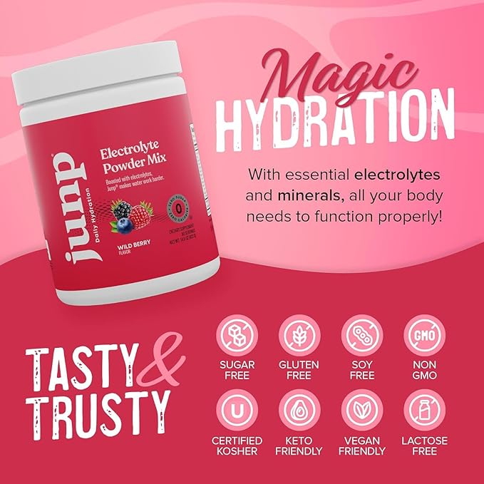 JUNP Electrolytes Powder No Sugar No Carbs – Wild Berry Fruit Flavor Drink Mix - Potassium & Salt Electrolyte Hydration Powder Zero Calorie Sugar Free Electrolyte Powder, Keto Friendly, 180 Servings