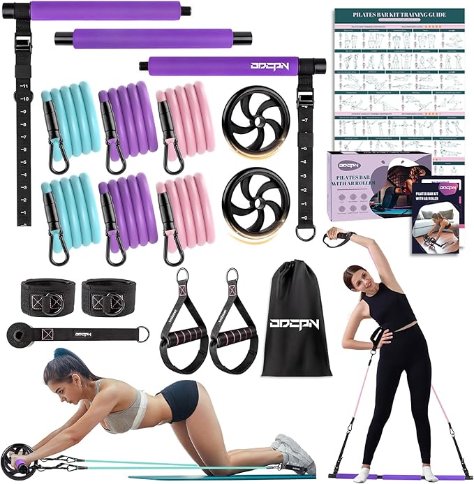 Pilates Bar Kit with Resistance Bands, Multifunctinal Exercise Bar with Ab Roller for Pilates/Abs/Weight Loss, Portable Home Gym Pilates bar kit for Full Body Training Women