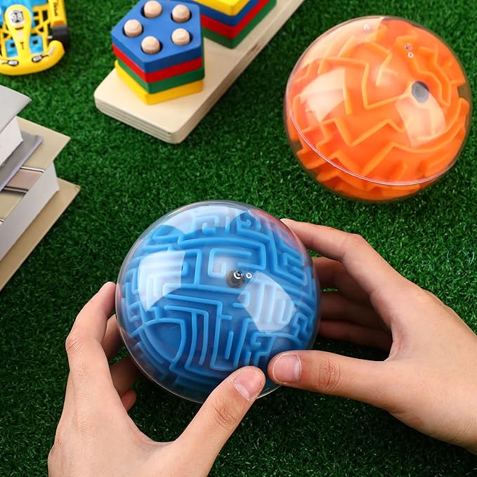 Sumind 4 Pcs 3D Puzzle Maze Ball Magic Brain Teasers Games Memory Sequential Gravity Maze Cube Ball Sphere Educational Puzzle Toys for Adult Hard Challenges(Blue, Orange)
