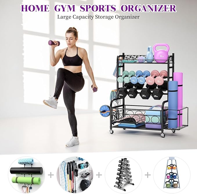 400LBS Dumbbell Rack, VOPEAK Adjustable Weight Rack for Home Gym, Home Gym Storage Rack for Yoga Mat Kettlebells and Strength Training Equipment, Weight Storage Rack for Dumbbells with Wheels