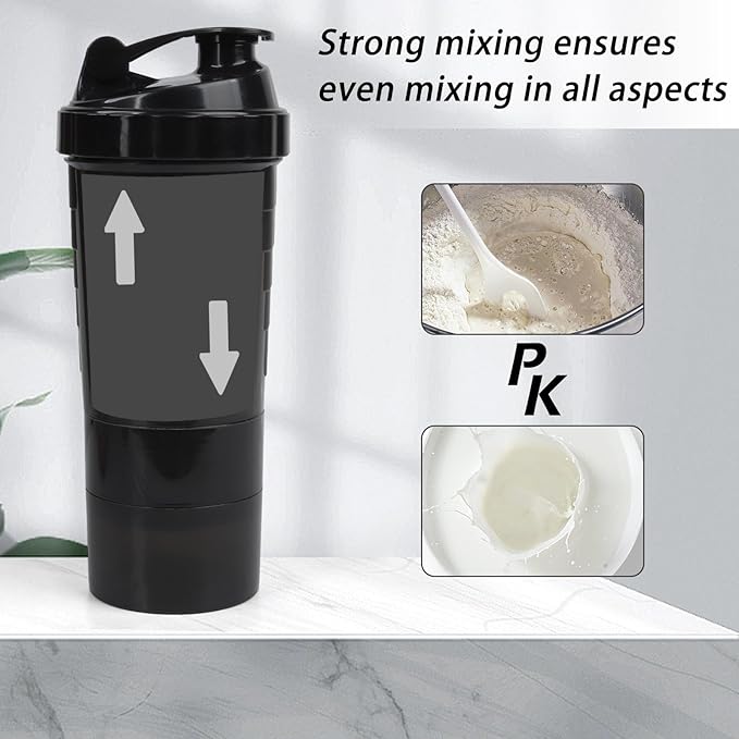 Shaker Bottle - Protein Shaker Cup with Storage Compartments - Leak-proof Workout Shake Bottles with Mixer for Smooth Mixing-500ML/16oz (PURE BLACK)