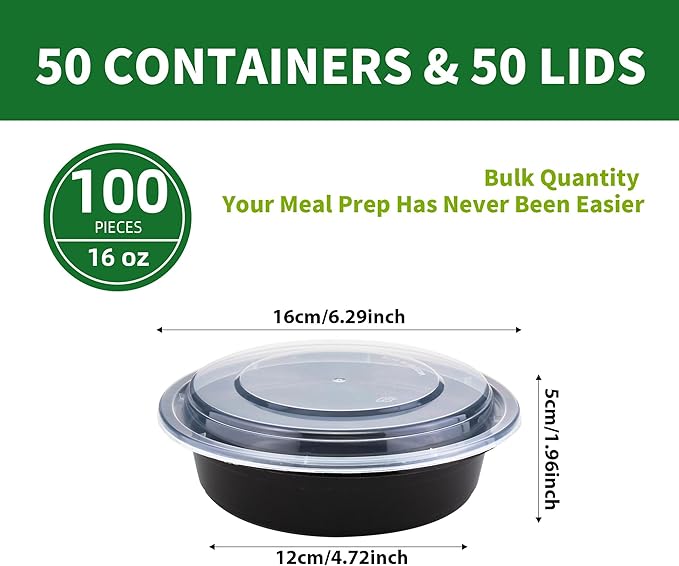 Round Meal Prep Containers with Lids, 50 Pack 16oz (100-Piece) Disposable Leakproof Take Out Food Storage Containers, Plastic To Go Lunch Boxes, BPA Free, Microwave/Dishwasher/Freezer Safe
