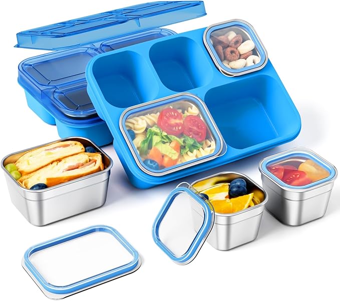 Freshmage Stainless Steel Snack Containers - 2 Pack, BPA-Free Lunch Bento Box with 5 Compartment, Reusable Food Storage Snackle Box for School, Work, and Travel, Dishwasher Safe (Blue)