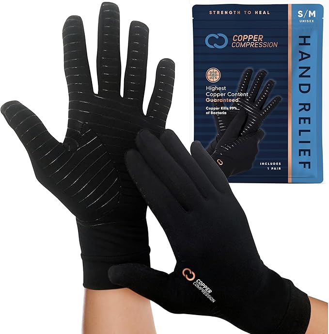 Copper Compression Full Finger Arthritis Gloves - Palm Grips - Touch Screen Fingertips - Compression Support for Carpal Tunnel, Pain Relief, Tendonitis - Fits Men & Women - 1 Pair - M
