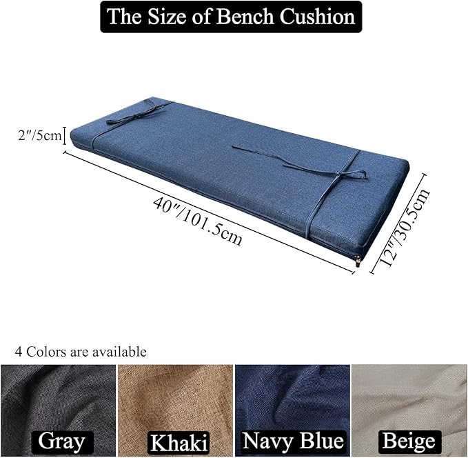 Piano Bench cushons for Indoor Furniture with Ties Non Slip Kitchen Dining Room Bench seat Cushion for Show Storage, Window, Settee, Ottoman (Navy Blue, 40 x 12 Inch)