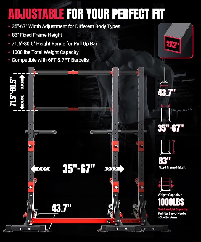 YOLEO Squat Rack with Adjustable Pull-Up Bar & Extended Safety Arms, Multi-Functional Power Racks Squat Stand for Home Gym, Garage & Basement, 35"-67" Width, Fixed 83” Frame Height, Pull-Up Bar Height 71.5"-80.5", Fits 6FT & 7FT Barbells