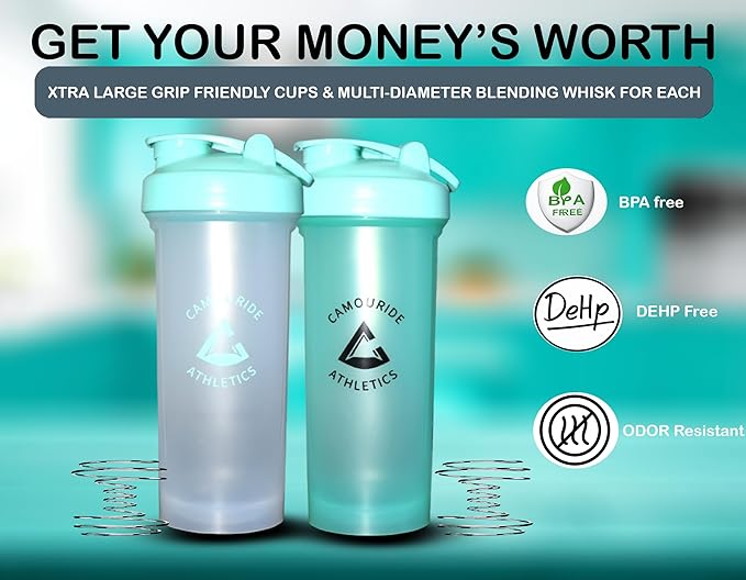 2 Pack 45 oz Protein Shaker Bottles with Wire Whisk – BPA-Free, Leak-Proof Shaker Cups for Protein Shakes & Smoothies – Large Plastic Mixer Bottle – Classic White Titan Turquoise