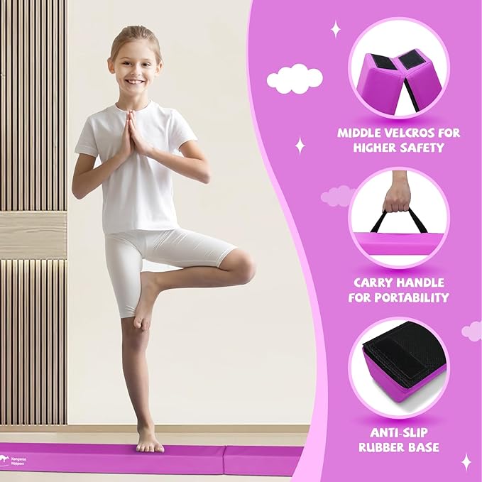Kangaroo Hoppers 8FT Kids Balance Gymnastics Beam for Kids, Folding Extra Firm Foam Floor Beam for Beginners, Home Training Equipment with Anti-Slip Base, Carrying Bag