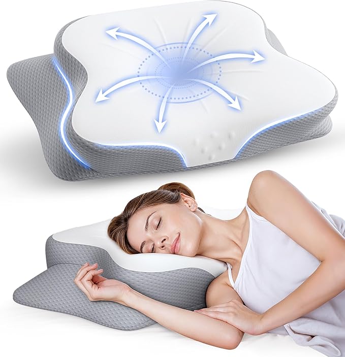 Cervical Pillow for Neck Pain Relief - Ergonomic Memory Foam Pillow with Cooling Case Orthopedic Support Side Sleeper Pillow for Pain Relief Support for Side Back Stomach Sleepers