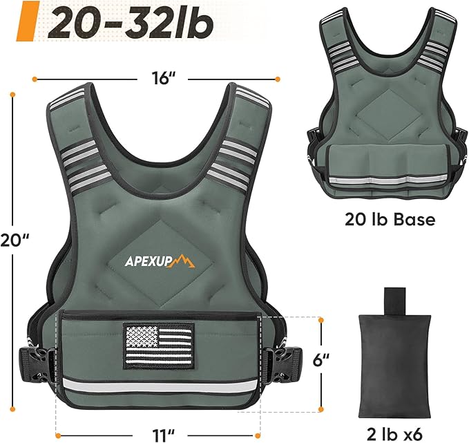 APEXUP Adjustable Weighted Vest, 4-10lb/12-18lb/20-32lb Vest with 6 Ironsand Weights and Large Pocket, Weight Vest for Men Women Strength Training, Running, Walking