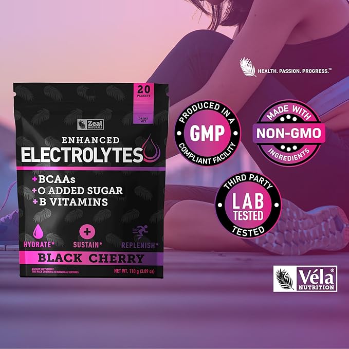 Enhanced Electrolyte Powder Stick Packs (Black Cherry | 20 Packets) w/ 0 Sugar +BCAAs +B-Vitamins Electrolyte Supplement w Potassium Zinc & Magnesium for Hydration - Keto Electrolytes