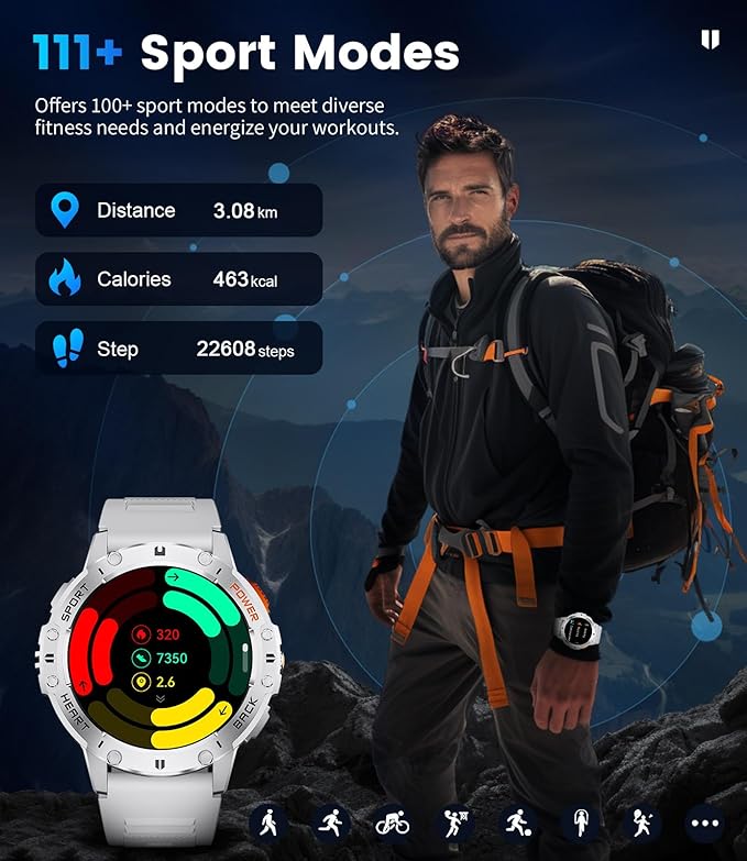 Smart Watch for Men for Android/iPhone(3 Straps),1.43’’ AMOLED Display Sport Watch with 123 Sport Modes/FlashLight,5ATM Waterproof Fitness Watch with Blood Pressure/Heart Rate Monitor,Silver Metal