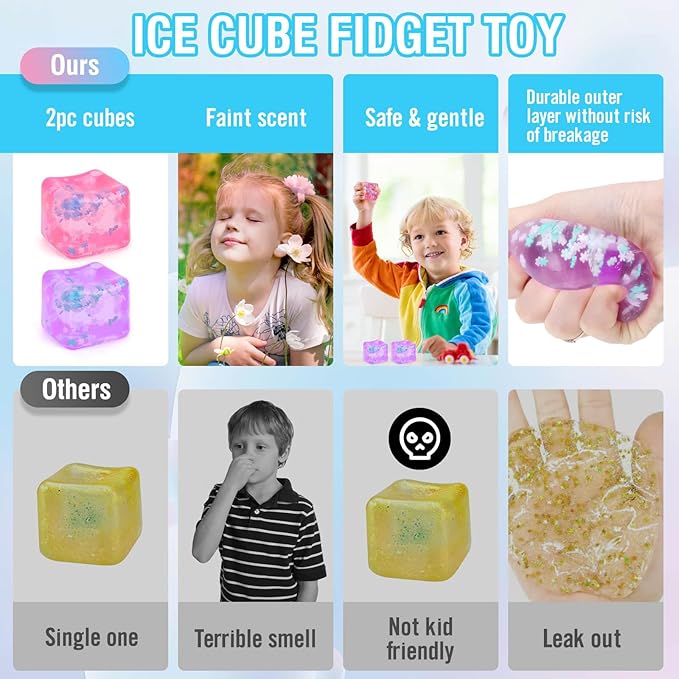 Fidget Toy for All Ages: 2 Pack Soft Sensory Fidget Ice Cube Stress Ball Squishy Cube Stress Relief Toys for Kids, Teens and Adults Party Favors, Birthday Gift for Kids Age 3+, Purple Pink