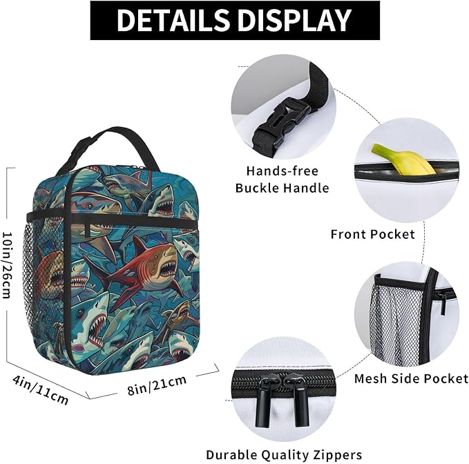 Cool Cartoon Shark Print Insulated Lunch Box Gifts for Kids Adults Colorful Marine Life Design Reusable Portable Lunchbox Cooler Lunchbag for Work Picnic School Travel or Hiking