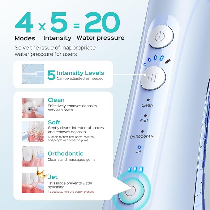 COSLUS Portable Water Flosser for Teeth: 4 Modes & 5 Intensity Levels Professional Electric Dental Pick for Sensitive Gums, Braces & Orthodontic - Cordless for Travel Use, for Adults, BPA-Free, Blue