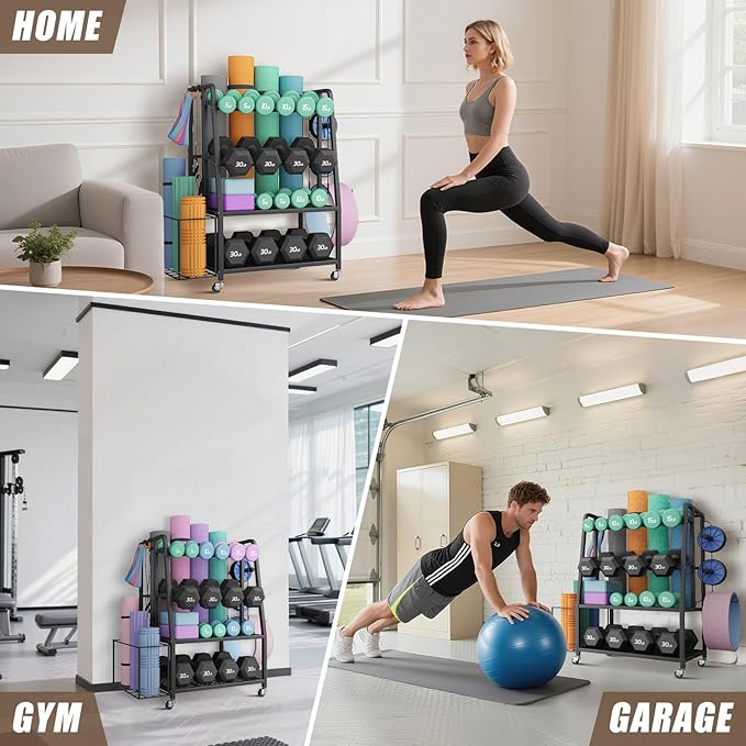 600LBS Weight Rack For Home Gym, Vopeak Dumbbell Rack Stand Only, Adjustable Weight Rack For Dumbbells, Kettlebells Yoga Mat, Home Gym Storage Rack With Wheels And Hooks, Powder Coated Finish Steel