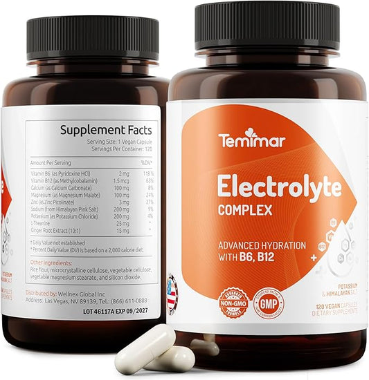Electrolyte Capsules, Advanced Hydration Electrolytes with Himalayan Salt, Potassium, Magnesium, Calcium, B6 & B12, for Muscle & Energy Support, Made in USA, 120 Vegan Capsules