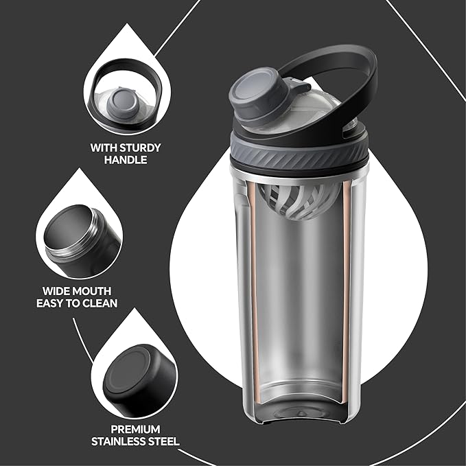 Ideus Protein Shaker Bottle 24oz(710ml) Insulated Stainless Steel Shaker Bottle with Silent Tritan Ball Portable Pre Workout Shaker Cups for Protein Shakes, Smoothies, Cocktails, Black