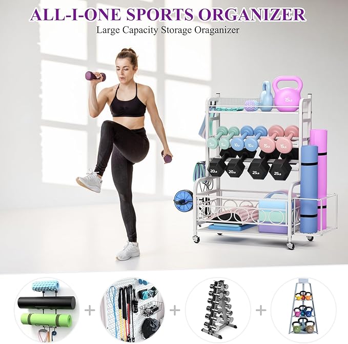 400LBS Dumbbell Rack, VOPEAK Adjustable Weight Rack for Home Gym, Home Gym Storage Rack for Yoga Mat Kettlebells and Strength Training Equipment, Weight Storage Rack for Dumbbells with Wheels