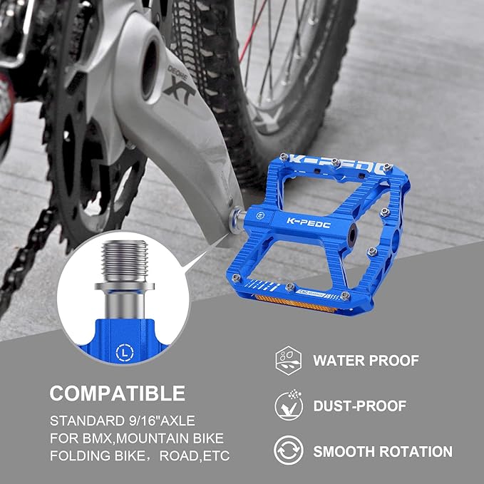 Mountain Bike Pedals MTB Pedals,Bicycle Pedals with Reflectors,Aluminum 9/16" 3 Sealed Bearing Lightweight Platform for Mountain Bike, BMX, Road Bike Pedals