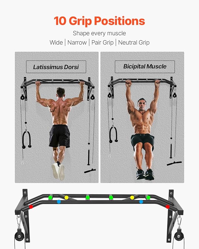 VEVOR Pull Up Bar, Multi-Grip Wall Mounted Pull Ups, 50 in Width Multifunctional Chin Up Training Station, Heavy Duty Steel Upper Body Workout Bars with LAT Pulldown Attachments, 440 lbs, for Home Gym