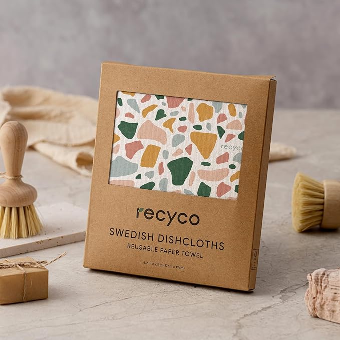 RECYCO Swedish Dishcloths for Kitchen | 5 Pack Urban Boho Terrazzo Washable Dish Rags | Cellulose Reusable Cleaning Paper Towels | Absorbent Counter Dish Cloth Sponge Kitchen Wipes, 8" L x 7" W