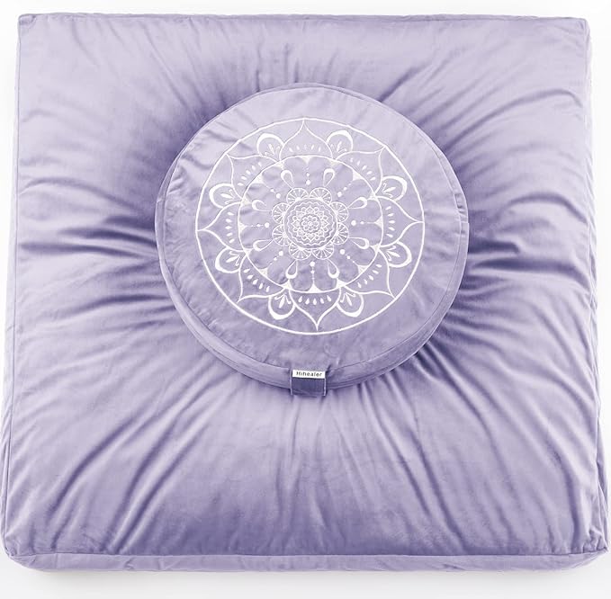 Hihealer Meditation Cushion - Large Velvet Zafu Floor Pillow for Adults and Women - Comfortable Yoga Pillow with Traditional Tibetan Buckwheat Filling for Meditation and Relaxation