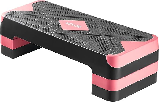 VEVOR Aerobic Exercise Step Platform, 28-Inch Workout Aerobic Stepper, Height Adjustable Fitness Training Step Deck Trainer with 4 Risers, Non-Slip Surface Bench for Home Gym Cardio Strength