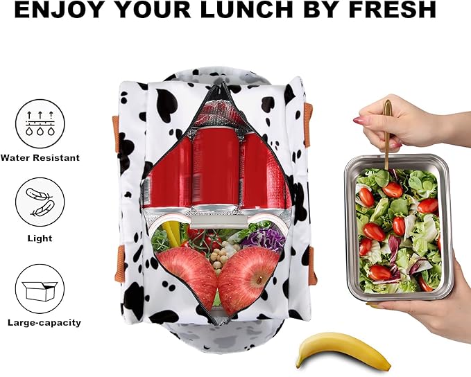 Joymee Lunch Bag Women Insulated Lunch Box Reusable Leakproof Large Spacious Cooler Tote for Womens Mens Adults with Bottle Holder and Side Pockets for Work Office Travel Picnic - Cow
